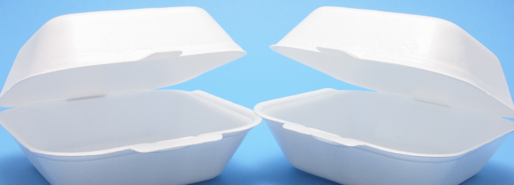 two plastic takeout containers in-front of blue backdrop