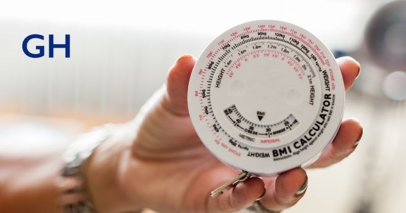 BMI wheel shows Body Mass Index calculations and categories of underweight, overweight, obese which describes a ratio of height and weight. Higa Bariatrics logo at top left. 